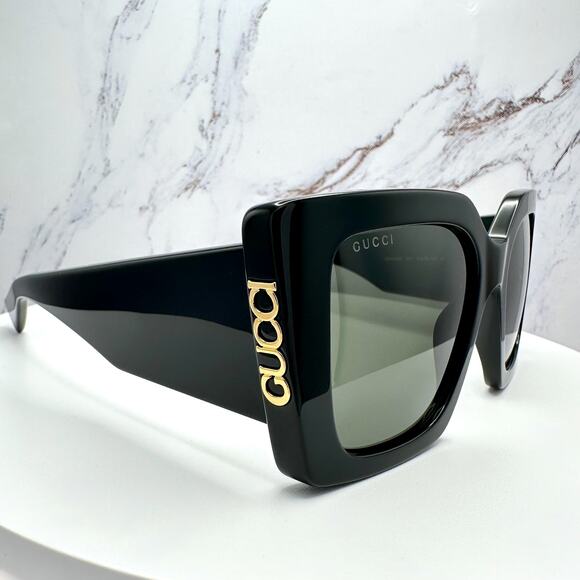 New GUCCI Sunglasses Black Gold Logo Square Oversized 51mm Grey Lens Womens